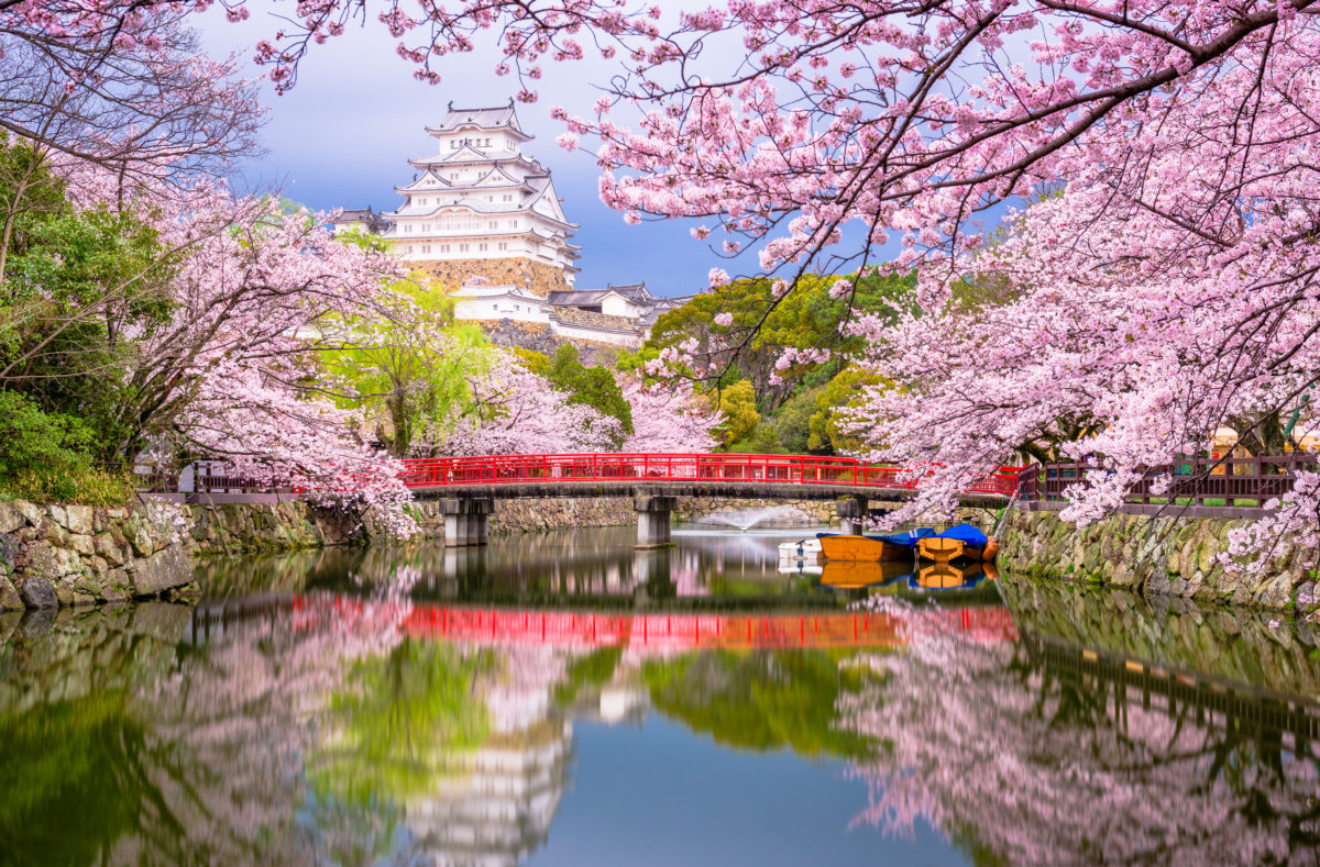 Himeji, Japan, an der Burg Himeji, in der Nähe des Burggrabens im Frühling