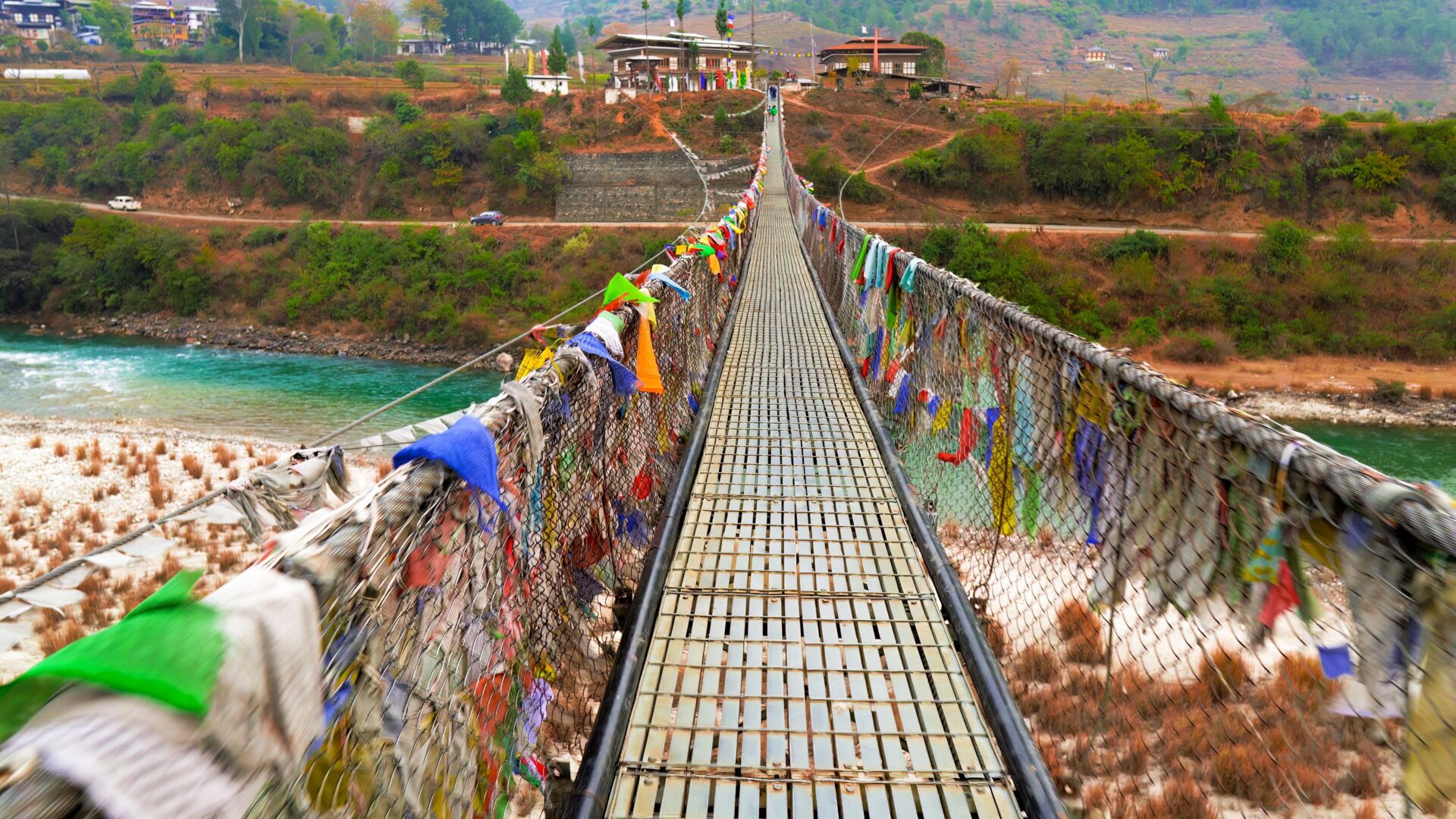 Punakha-Hängebrücke über den Fluss Puna Tsang Chhu in Bhutan