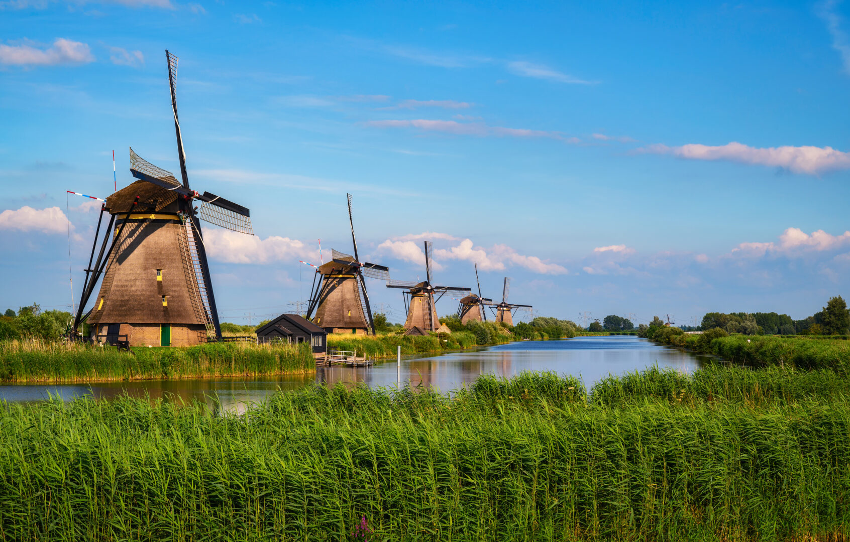 Kinderdijk mit seinen historischen Windmühlen, die zum UNESCO-Weltkulturerbe gehören, Niederlande